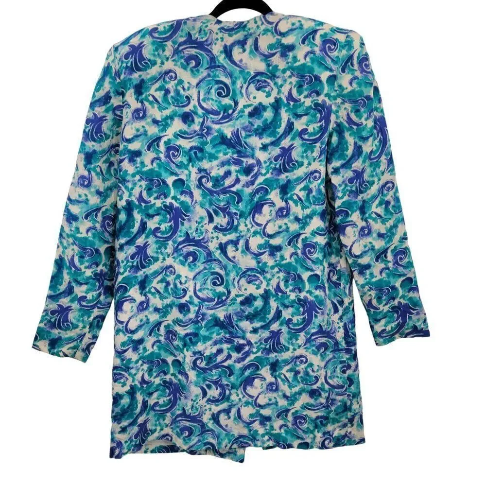 Vintage 80's Blazer Silk Duster Single Breasted Button‎ Longline Blue Swirl 6